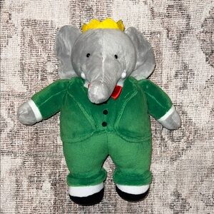 VINTAGE Babar Green Elephant Plush Toy with Yellow Crown